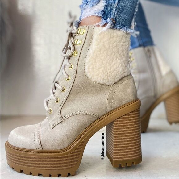 Beige Faux Fur Motorcycle Platform Booties - Picture 2 of 5